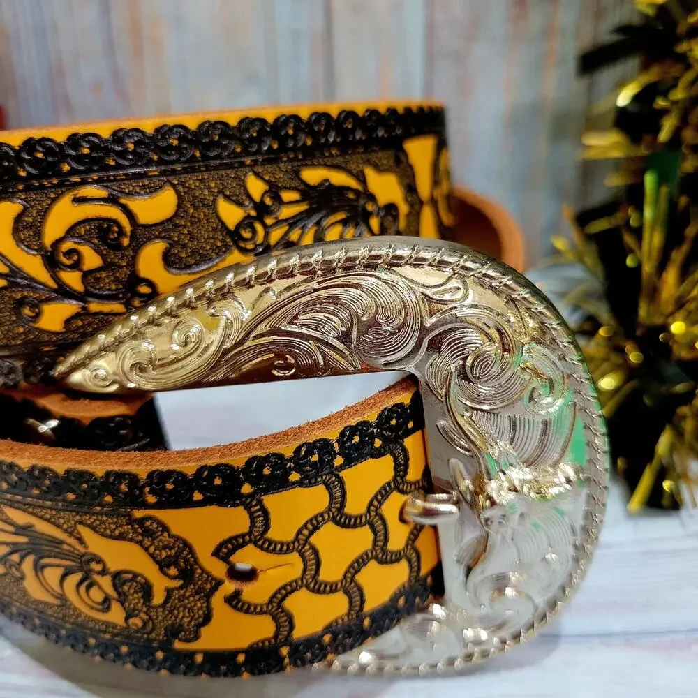 Western Genuine Leather Belt longhorn Buckle Large with Silver accents Tan Blac